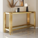 Maotifeys Modern 2-Tier Glass Console Table Luxury Clear Tempered Glass Top Sofa Table with Shiny Gold Legs 55" Slim Entryway Hall Tables with Storage Shelf for Living Room Bedroom Maotifeys