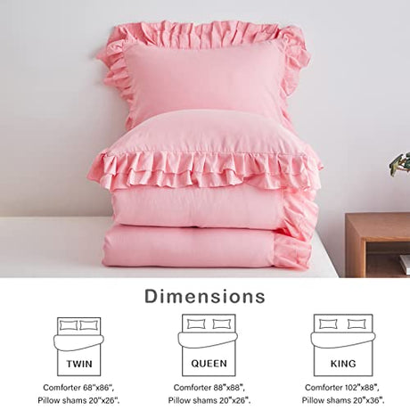 Pink Ruffled Comforter Set Twin Size, 3 Pieces (1 Ruffled Comforter and 2 Pillowcases) Farmhouse Shabby Chic Style with 2 Layers Ruffle, Solid Color Lightweight Soft Fluffy Bedding Sets for Girls Flysheep