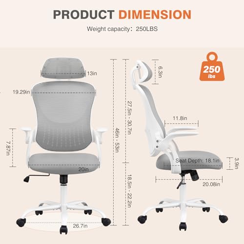Sweetcrispy Home Office Desk Chair, Ergonomic High-Back Mesh Rolling Work Computer Chairs with Wheels and Adjustable Headrests, Comfortable Lumbar Support, Comfy Flip-up Arms for Bedroom, Study, Grey Sweetcrispy