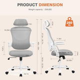 Sweetcrispy Home Office Desk Chair, Ergonomic High-Back Mesh Rolling Work Computer Chairs with Wheels and Adjustable Headrests, Comfortable Lumbar Support, Comfy Flip-up Arms for Bedroom, Study, Grey Sweetcrispy