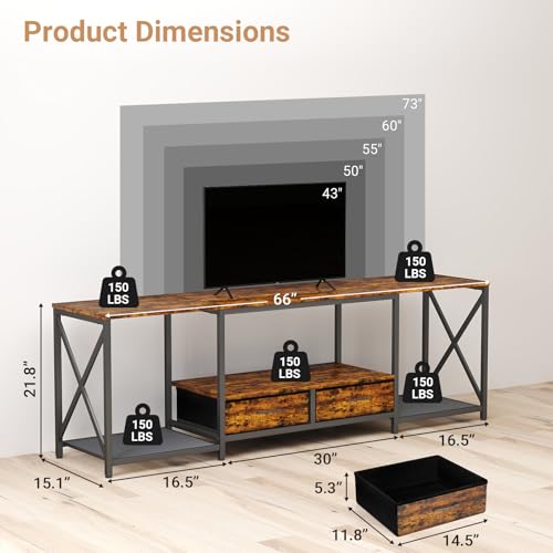 Zevemomo 66.5" LED TV Stand, TV Stands for 55/60/75 Inch TV, Console Tables with LED Strip Lights, Entertainment Center with 4 AC Outlets & 2 USB Ports, Open Storage Shelves for Living Room-Brown Zevemomo