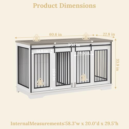 Rovibek 60inch Double Dog Crate Furniture, Wooden Dog Kennel Furniture TV Stand for 2 Dogs with Divider, Large Medium Small Dogs Indoor White Rovibek