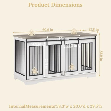 Rovibek 60inch Double Dog Crate Furniture, Wooden Dog Kennel Furniture TV Stand for 2 Dogs with Divider, Large Medium Small Dogs Indoor White Rovibek