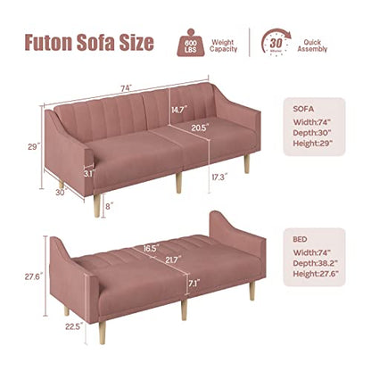 Velvet Futon Sofa Bed Couch, 74" Pink Convertible Sleeper Sofa, Loveseat Futon Couch with Adjustable Backrests, Couches for Living Room Bedroom Apartment