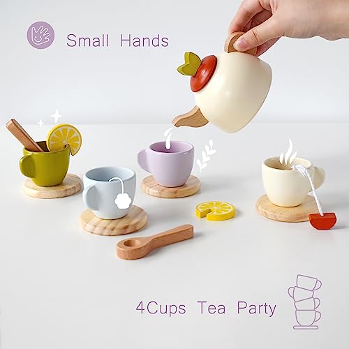 Pillowhale Wooden Toys Tea Party Set,Tea Set for Little Girls,Toddler Tea Set,Kids Play Kitchen Accessories,Play Food for Toddlers Boys Girls Ages 3+ - WoodArtSupply