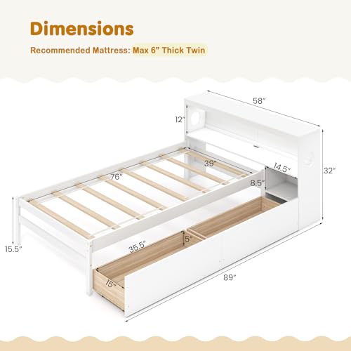 Giantex Wood Twin Bed Frame with Storage Drawer & Headboard, Modern Platform Bed with Charging Station & LED Light, Built-in Nightstand, Single Bed with Slats Support, Twin Bed Frames for Kids (White) Giantex