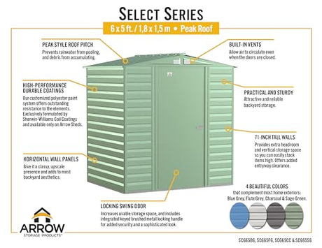 Arrow Select 6' x 5' Outdoor Lockable Steel Storage Shed Building, Charcoal Arrow