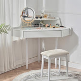 Merax Corner Small Vanity Desk with Mirror and Lights, 44.09" L Makeup Vanity Set with Stool, Dressing Table with Sliding Glass Door, Drawer and Display Shelf, White Merax