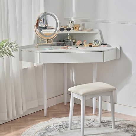 Merax Corner Small Vanity Desk with Mirror and Lights, 44.09" L Makeup Vanity Set with Stool, Dressing Table with Sliding Glass Door, Drawer and Display Shelf, White Merax