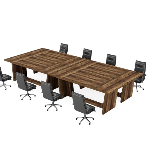 Tribesigns 12FT Conference Table, Modern Meeting Seminar Table for 12-14 Person, Rectangular Solid Executive Business Furniture Boardroom Desk for Office,(Set of 2, Dark Brown) Tribesigns
