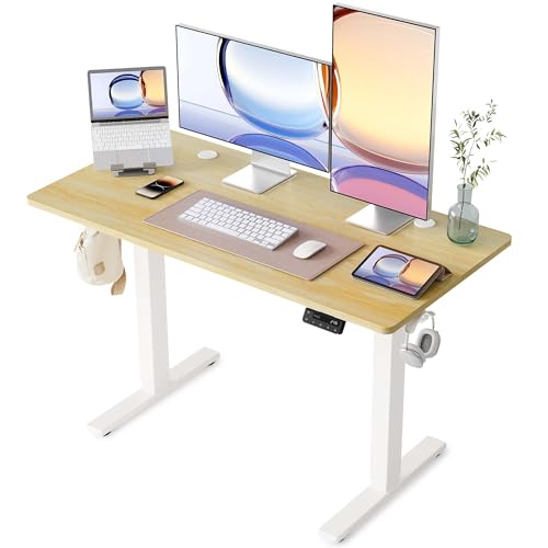 YIHAYO Electric Standing Desk, 48 x 24 Inches Stand Up Desk with Splice Board, Adjustable Height Desk, Computer Desk for Home Office, White Frame/Natural Top YIHAYO