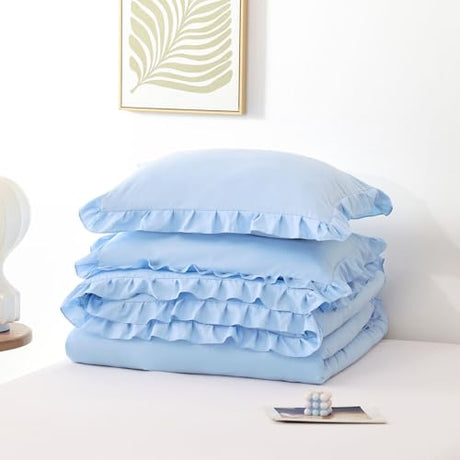 JANZAA Ruffle Light Blue Comforter Set Full Size Comforter 3PCS 1 Emerald Comforter and 2 Pillowcases Vintage Farmhouse Shabby Chic Bedding Soft Fluffy Comforter Set All Season (Light Blue, Full) JANZAA