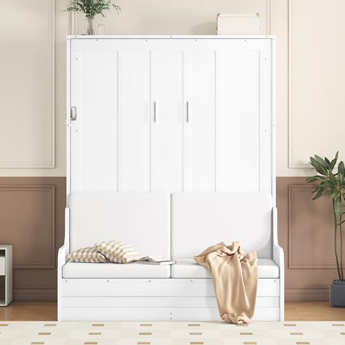 Merax Queen Size Murphy Bed Frame, Modern Wall Bed Can Be Folded into Cabinet, Chair with Cushion, White Merax