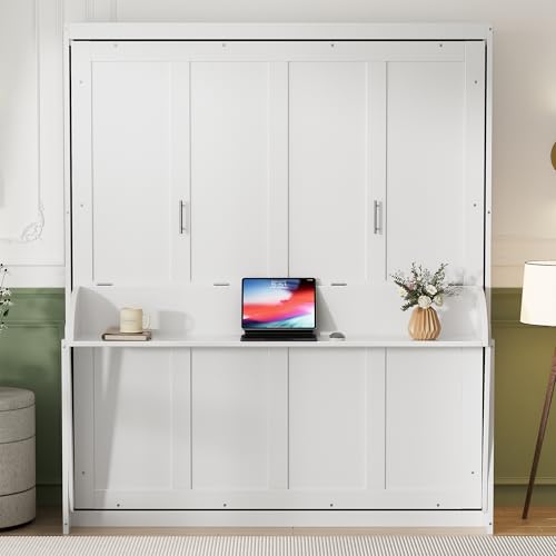 PVWIIK Murphy Multifunctional Bed Frame with Storage Shelf & Support Plate for Adult,Girls,Boys,Queen Size Murphy Bed,Wood Hidden Wall Bed Space-Saving Cabinet,White PVWIIK