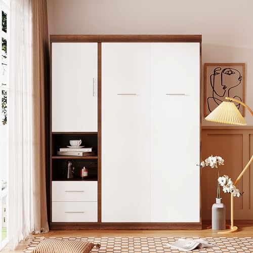 Harper & Bright Designs Twin Murphy Bed Wall Bed with Drawers and Cabinet, Twin Size Wood Space-Saving Murphy Bed for Guest Room Home Office,White Harper & Bright Designs