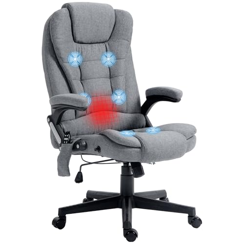 Vinsetto 6 Point Vibrating Massage Office Chair with Heat, Linen High Back Executive Office Chair with Reclining Backrest, Padded Armrests and Remote, Gray HOMCOM
