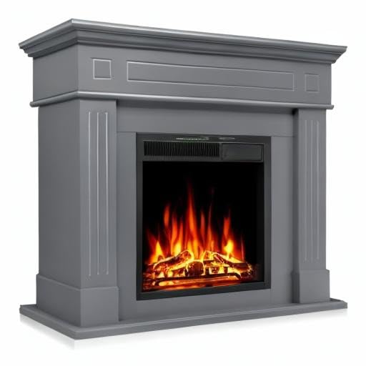 R.W.FLAME 43” Electric Fireplace Mantel Wooden Surround Firebox, TV Stand with Freestanding Electric Fireplace, Remote Control, Adjustable Led Flame, 750W/1500W Grey