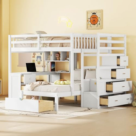Harper & Bright Designs Full Over Twin Bunk Bed with Stairs, Storage Drawers, Full Size Loft Bed Frame with Desk and Shelves, White Harper & Bright Designs