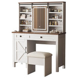 Farmhouse Vanity Desk with Mirror and Lights, 42" W Makeup Vanity Desk with Sliding Mirror, Barn Door Vanity with Hairdryer Holder and Charging Station, Large Makeup Vanity with Storage Bench, White HIROHRTV