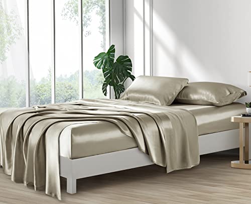 Lanest Housing Silk Satin Sheets, Queen Size Satin Bed Sheet Set with Deep Pockets, Cooling Soft and Hypoallergenic Satin Sheets Queen - Taupe Lanest Housing