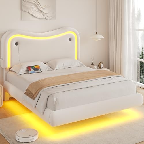 MapleGrace Full Size Floating Bed Frame with LED Lights, Velvet Upholstered Bed Frame with Headboard, Rounded Corners, Charging Station, No Box Spring Needed, Easy Assembly, White MapleGrace