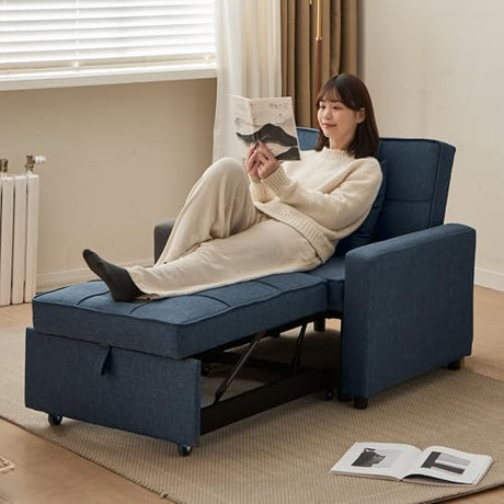 Homotive Sleeper Sofa Bed 3-in-1 Sleeper Chair Pull Out Bed, Futon Couch, Convertible Sofa Bed with Reclining Backrest, 35.6" (Blue) Homotive