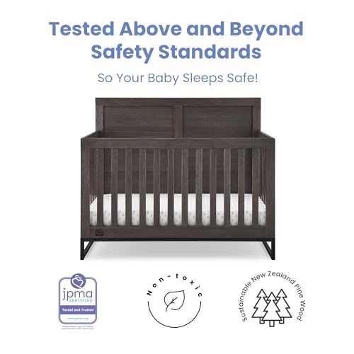 Simmons Kids Foundry 6-in-1 Convertible Baby Crib, Rustic Grey with Matte Black Delta Children