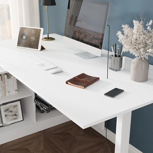 Lovinouse Large White Electric Adjustable Standing Desk, Reversible L Shaped Office Work Desk with Storage Drawers, Adjustable Height and Shelves, Rising Study Computer Table for Home Office, Bedroom Lovinouse