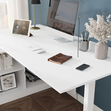Lovinouse Large White Electric Adjustable Standing Desk, Reversible L Shaped Office Work Desk with Storage Drawers, Adjustable Height and Shelves, Rising Study Computer Table for Home Office, Bedroom Lovinouse