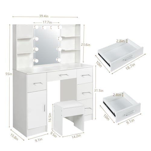 Teousev Vanity Desk with Mirror,Make up Vanity with 1 Stool 6 Drawers 6 Shelves & LED Mirror,3 Modes Light Adjustable,Vanity Desk for Bedroom,White,39.5" L*15.8" W*55.2" H. Teousev