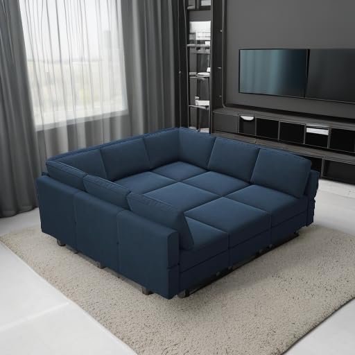 Belffin Modular Sectional Sofa with Ottomans Velvet Reversible Sleeper Sectional Sofa with Chaise Modular Sleeper Sofa Bed with Storage Seat Blue Belffin