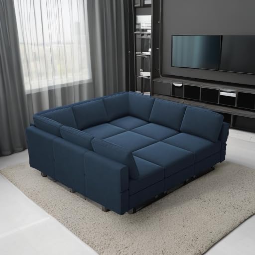 Belffin Modular Sectional Sofa with Ottomans Velvet Reversible Sleeper Sectional Sofa with Chaise Modular Sleeper Sofa Bed with Storage Seat Blue