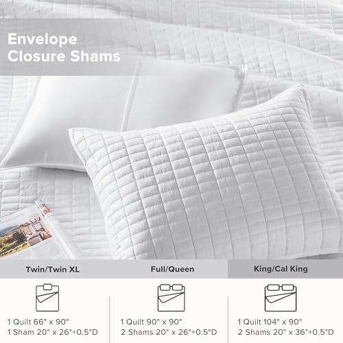Comfort Spaces Kienna Quilt Set- Double Sided Stitching Design Summer Blanket, Lightweight, Soft, All Season Bedding Layer, Matching Sham, White, Coverlet King (104"x90") 3 Piece Comfort Spaces