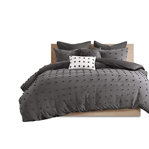 Intelligent Design Cotton Comforter Set - Jacquard Tufts Pompom Design All Season Bedding, Matching Shams, Decorative Pillows, King/California King (104 in x 92 in), Charcoal 7 Piece Intelligent Design