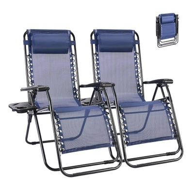 NEWBULIG Zero Gravity Chair Set of 2, Lounge Chair Folding Portable Adjustable Camping Reclining Chairs with Adjustable Pollow, Mesh Back, Cup Holder Trays Lawn Patio Chair for Pool Beach - Blue