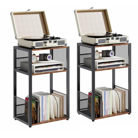 DUMOS 3 Tier Side Table, 2 Pack Record Player Stand with Storage Up to 100 Albums,Turntable Stand for Vinyl,Brown Records Shelf for Living Room Bedroom Brown DUMOS