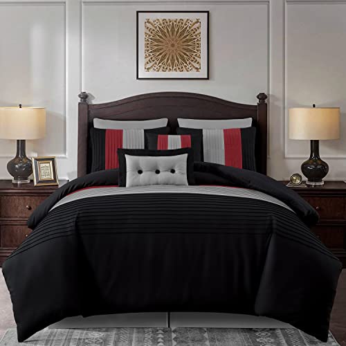 Chezmoi Collection Loft 8-Piece Luxury Striped Comforter Set (King, Red/Black/Gray) Chezmoi Collection