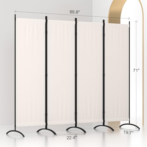 Kecreque Room Divider 4 Panel Folding Screen Portable Wall with 5 Curved Metal Feet Partition Room Dividers，6FT Wall Divider for Office Divider, Bedroom，Dressing Room,White Kecreque