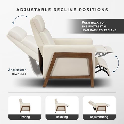 Lexicon Push Back Recliner Chair, Faux Leather Upholstered Reclining Chair with Footrest, Exposed Dark Brown Finish Wood Frame, Small Recliner for Small Space, Living Room, Bedroom, Light Beige