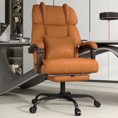 Ergonomic Office Chair with Footrest, 400lbs High Back Executive Home Office Computer Chair with Unique Ear-Shape Headrest for Neck Support,Brown Leather Office Chairs for Home Office Work Hihady