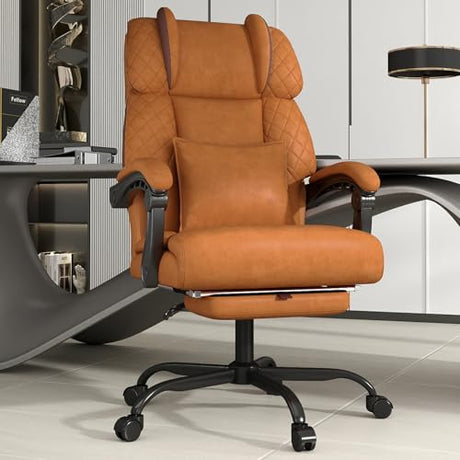 Ergonomic Office Chair with Footrest, 400lbs High Back Executive Home Office Computer Chair with Unique Ear-Shape Headrest for Neck Support,Brown Leather Office Chairs for Home Office Work Hihady