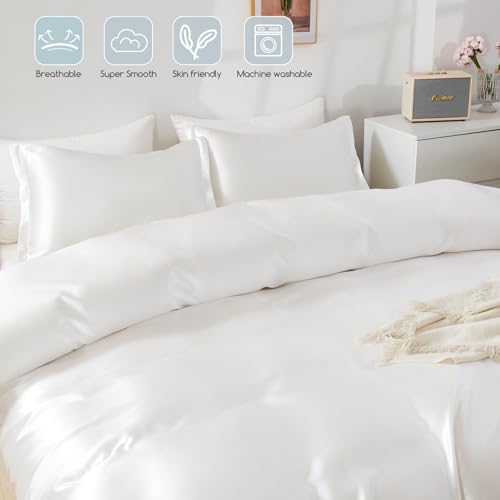 HOdo Home Satin Duvet Cover Queen Size, 3PCS Silk Like Comforter Cover, Ultra Soft and Breathable Bedding Set with Zipper Closure & Corner Ties（White） HOdo Home