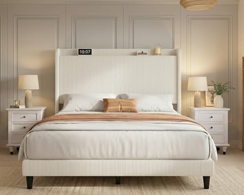 YITAHOME Queen Bed Frame with Adjustable Corduroy Wingback Headboard 43.3"-47.2", Upholstered Platform Bed, Solid Wood Slat Support, No Box Spring Needed,Beige Cream YITAHOME