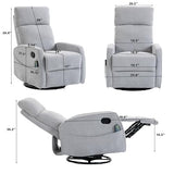 HRVEOCEI Small Recliners for Small Spaces, Manual White Recliner Rocking Chair for Nursery, Velvet Swivel Glider Recliner with Heat and Massage, Side Pockets, Living Room Bedroom (Light Grey)