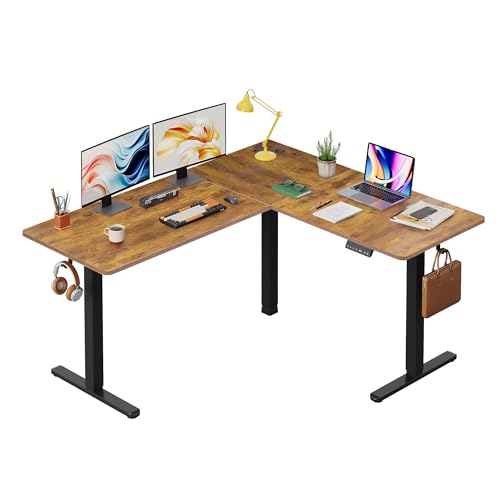 DEVAISE L Shaped Standing Desk Adjustable Height, Dual Motor Electric Corner Standing Desk, 63x55 inch Sit Stand up Home Office Desk with Splice Board, Rustic Brown DEVAISE