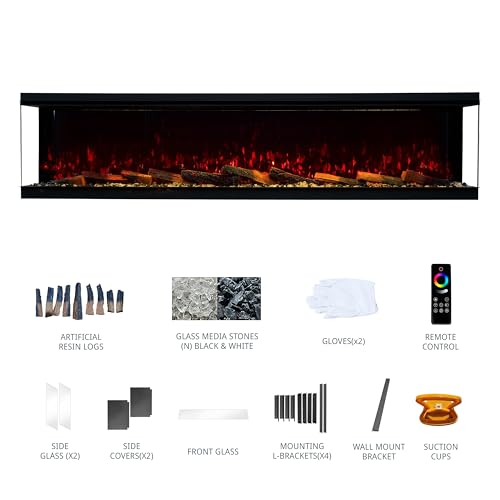 88" 3-Sided Smart Electric Fireplace, Ultra-Narrow Frame, Alexa/WiFi App Control, Panoramic Multicolor LED Flames, Realistic Log, 1500/3000W PTC Ceramic Heating MONDAWE