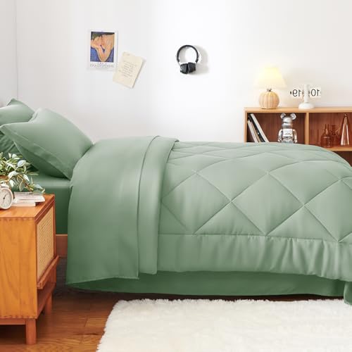 CozyLux Twin Comforter Set with Sheets Sage Green - 5 Pieces Bed in a Bag Twin, All Season Bed Set for Girls and Boys, Bedding Set with Down Alternative Comforter, Sheets, Pillowcase & Sham CozyLux