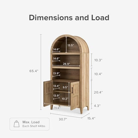 mopio Lauren 65.4" Short Arched Cabinet, 5-Tier Arched Bookcase with Doors and Shelves, Mini Arched Bookshelf with Storage, Kitchen Pantry Cabinet, Wooden Storage Cabinet for Living Room (Oak) mopio
