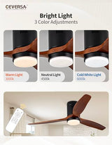 Ceversa 52 Inch Solid Wood Low Profile Ceiling Fan with Light and Remote Control,3 Blades Flush Mount Ceiling Fan Walnut Craftmade Easy Installation for Living Room Bedroom Farmhouse Indoor Ceversa