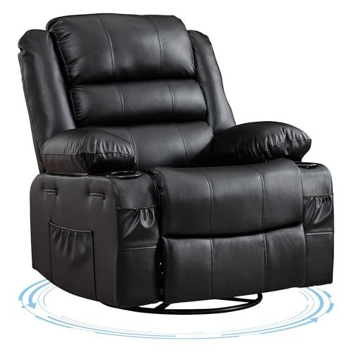 Rocking Recliner Chair for Adults Wide 360° Swivel Rocker Recliner with Cup Holder Nursery Glider with Upholstered Deep Seat PU Leather Comfy Single Sofa for Living Room Black